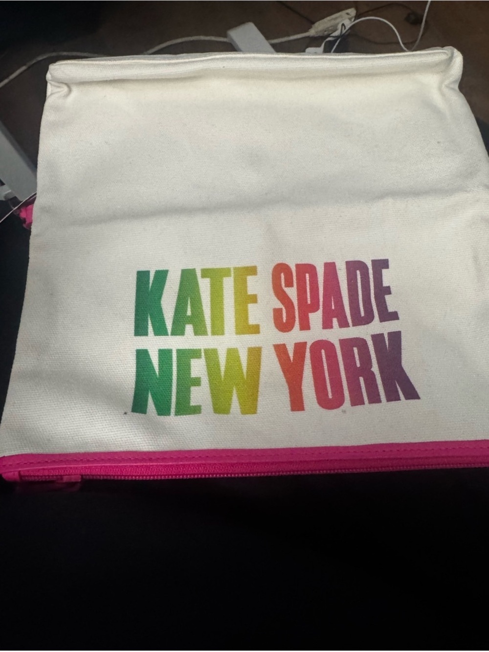 kate spade White Wristlet Clutch with Pink Trim and Multicolor Logo - Picture 1 of 7